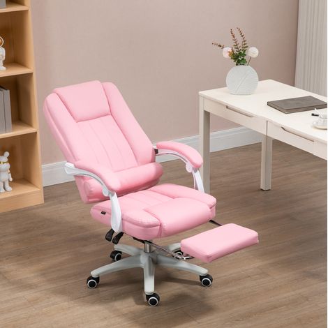 Silla de oficina reclinable con reposapiés, altura ajustable, acolchada, espuma, polipiel rosa (1/5)