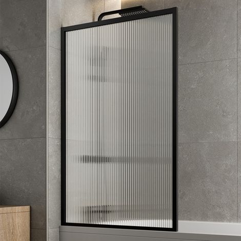 Aquari Matt Black Over Bath Shower Screen Fluted Glass Square Frame Reversible 800mm