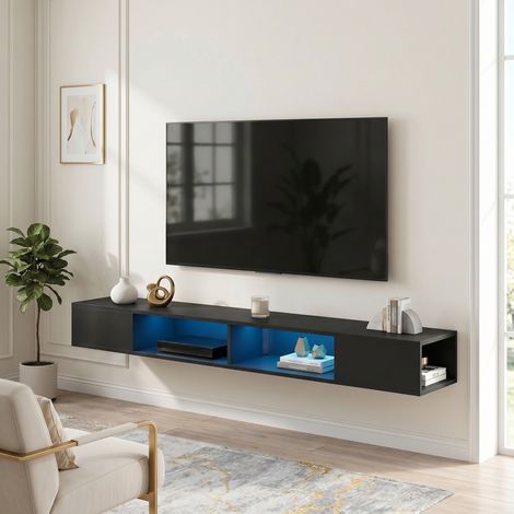 Meuble TV suspendu 180 cm avec éclairage LED RGB, meuble télé avec étagères ouvertes, 177,8 x 30 x 18 cm, noir (1/5)