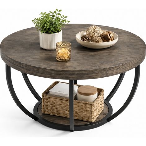 CHICFURN Mesa de centro redonda de madera y metal gris, doble nivel, 80,49 x 80,49 x 43,99 cm (1/5)