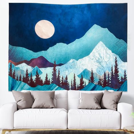 Tapisserie esthétique petite nuit nature lune, tapisserie décorative quotidienne montagne printemps tapisserie verticale à suspendre pour(130 x 150 cm (1/5)
