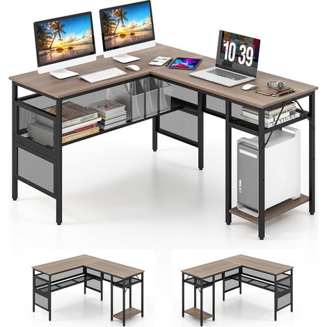L-Shaped Corner Computer Desk Reversible Corner Workstation with Mesh Storage (1/5)