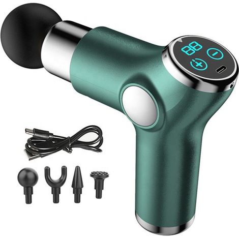 Pistolet de massage musculaire portable avec écran LCD, 4 têtes de massage, 32 positions réglables, vert-AquaForge