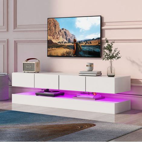 Meuble TV mural LED blanc pour TV jusqu'à 55 pouces avec 2 meubles et 4 grands tiroirs HAVRYA (1/5)