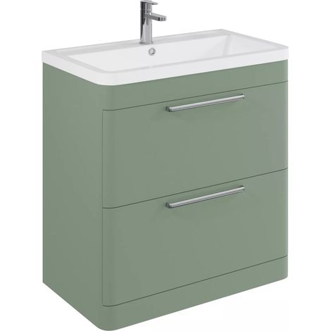 Balterley Calwich Contemporary Bathroom Floor Standing Vanity with 2 Soft Close Drawers & 1 Tap Hole Polymarble Basin, Satin Green, 800mm (1/4)