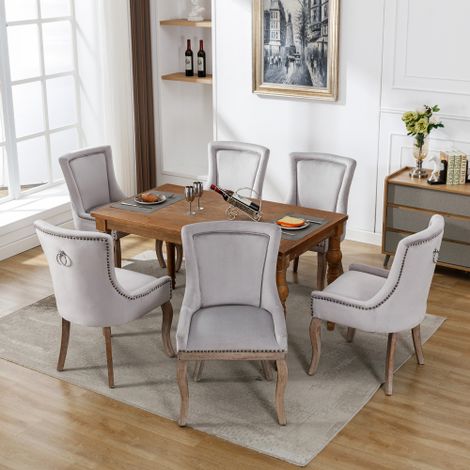 Juego de 6 sillas de comedor con ribete de tachuelas y patas de madera maciza - en terciopelo gris (1/5)