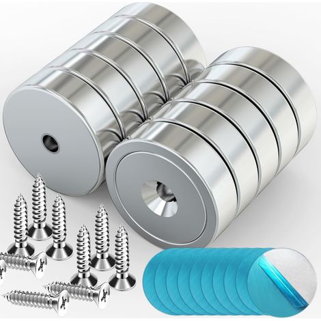 Lot de 10 aimants en néodyme - 25 mm - puissants - Avec trou - 20 kg - Aimants ronds - Maintien puissant - Plaquettes métalliques plates autocollantes (10 x 10 (1/5)