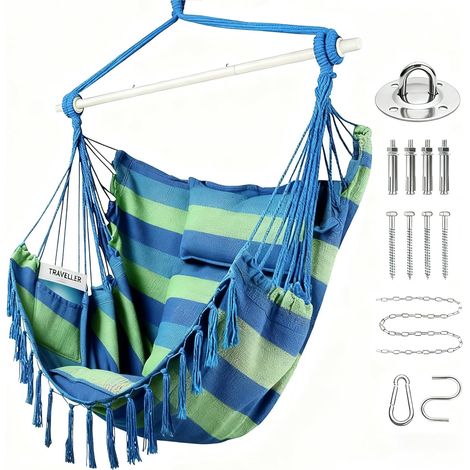 Chaise hamac avec 2 Coussins et Coussin de Cou,Grande Taille hamac siège balançoire avec Poche latérale et Tige en Acier Durable, Fauteuil Suspendu (Bleu Vert)