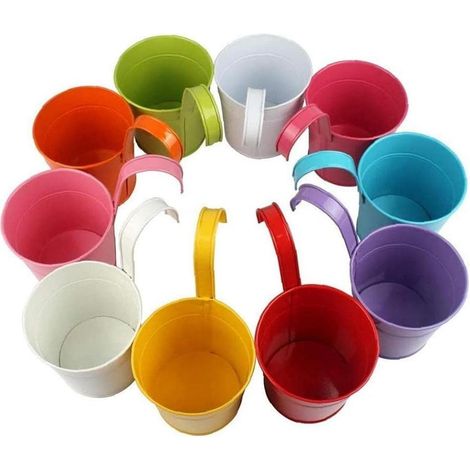 Lot de 10 supports à fleurs suspendus en métal coloré avec crochet amovible pour balcon, jardin et terrasse. (1/4)