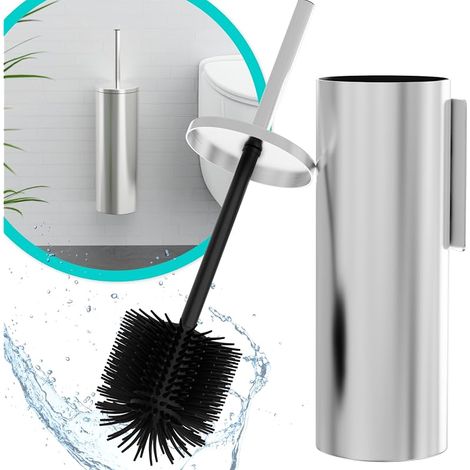 Kit Brosse WC Suspendu - Brosse Silicone & Boitier Métal - INOX 304 Anti-Rouille - sans Perçage - Fixation Murale avec Sticker ou Vis - Balai Brosse Toilettes Décoration - WC3611 (1/5)