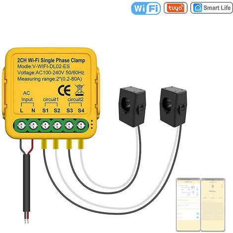Tuya WiFi Ein-/Ausschalter 80A Energiezähler Stromwandler Zange kWh Leistungsmonitor Elektrizität-2CH-Mehrfarbig