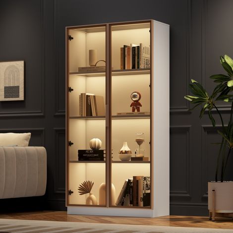 Vetrina in vetro con illuminazione LED, a doppia porta, 80 x 40 x 160 cm, bianca OKMYHOME (1/5)