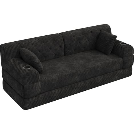 Sofá cama convertible 3 plazas, respaldo alto, 4 bolsillos laterales, 2 portavasos, pana negra (1/5)