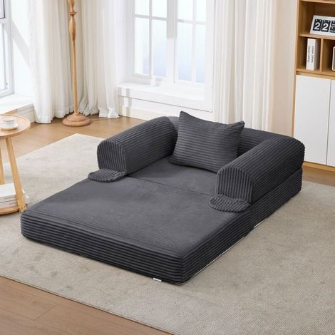 Canapé Convertible 120cm Velours Côtelé Doux Gris - Canapé-Lit - 1 Place, 2en1, Mousse Haute Densité, Gain de Place, Coussin Inclus (1/5)