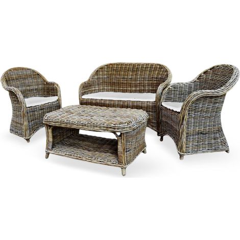Roma Wohnzimmer mit 1 Sofa 2 Sessel 1 Couchtisch aus gewebtem Rattan grau