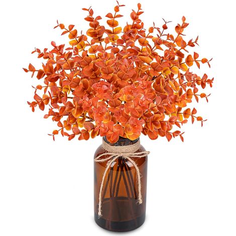 Plantes artificielles 14,5" pour décoration d'automne, tiges d'eucalyptus artificielles dans Vase en Verre Ambré avec Eau factice, pour Salle de Bain, Bureau, Maison, Mariage – Orange (1/5)