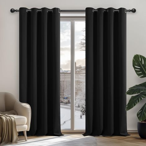 Rideau Occultant Thermique Court Noir 2 Panneaux 150x250cm, Séparation Anti-UV pour Chambre et Maison, Rideaux Modernes pour Fenêtre (1/5)