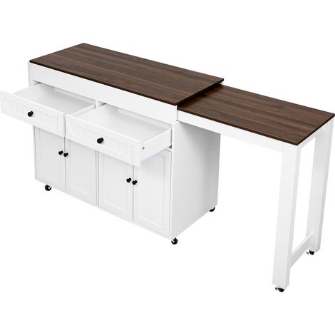 Îlot de cuisine mobile sur roulettes avec plan de travail, tiroirs et table extensible, blanc et noyer, idéal pour cuisine et salle à manger