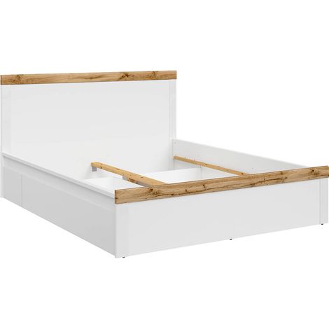 Lit adulte 160 x 200 lit 2 places avec 2 tiroirs sur roues, Blanc/Chêne wotan - Longueur 204,5 x Profondeur 169 x Hauteur 40,5-100,5 cm (1/5)