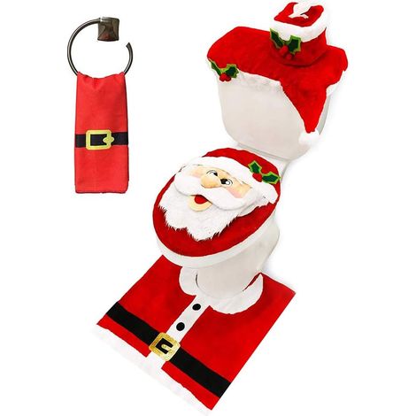 Ensemble Salle de Bain 5 pièces Thème Renne de Noël: Housse WC, Tapis, Couvercle Réservoir, Couvercle Rouleau, Serviette Père Noël (1/5)