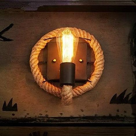 Applique,applique murale led, Vintage corde de chanvre Edison Ampoule en fer forgé Applique sans ampoule, lampe murale (Color : Round)