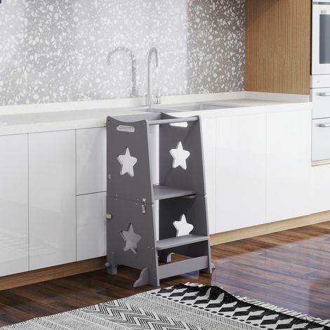 Taburete infantil 2 en 1 con barandilla de seguridad para cocina y baño, color blanco. (1/5)