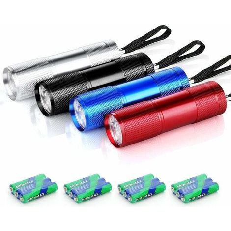 GABRIELLE LED-Taschenlampe, 4 Stück, Mini-Taschenlampe, inklusive 12 Batterien, wasserdichte Taschenlampe für Kinder oder Camping, Lesen, Wandern, Wandern, Arbeiten