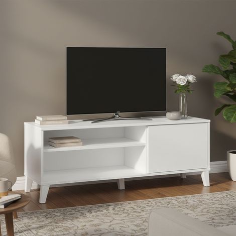 Dmora - Fernsehschrank Ocosta, Ständer für Wohnzimmerfernseher, Niedriges Wohnzimmer-Sideboard, TV-Ständerbasis, 135x40 h50 cm, Weiß (1/5)