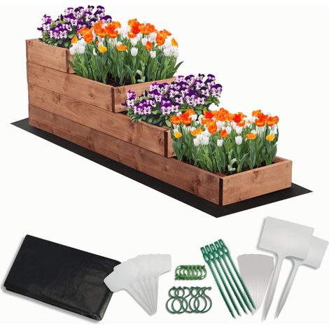 MODO24 Carré potager surélevé en bois, 4 niveaux en cascade, 36x30x120 cm, jardin/terrasse, kit jardinier inclus, brun imprégné