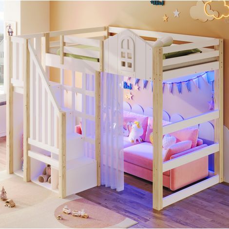 MEUBLIV Letto a soppalco 90x200 cm bianco e naturale con LED, senza materasso (1/5)