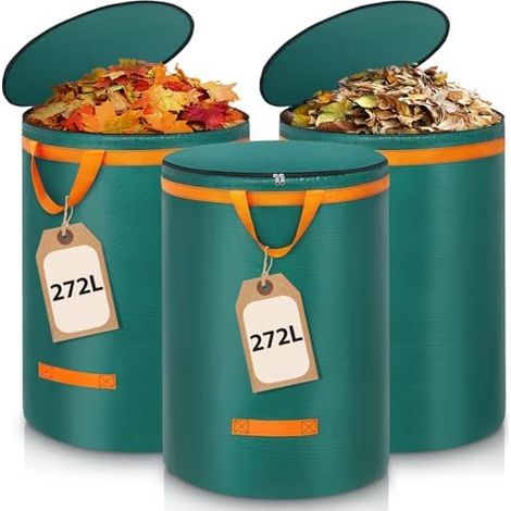 3X 272L Gartenabfallsack Stabil, Laubsack mit Deckel und Griffen Gartensack Groß, Gartenabfallsäcke Gartensäcke Grünschnittsack, Selbststehend Grünschnittsäcke, Abfallsack für Gartenabfälle