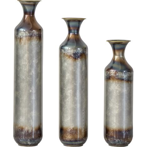 Vase métallique artisanale lot de 3, finition vieillie cuite à la main, vase de sol pour salon & couloir, décoration en métal massif, non étanche (1/5)