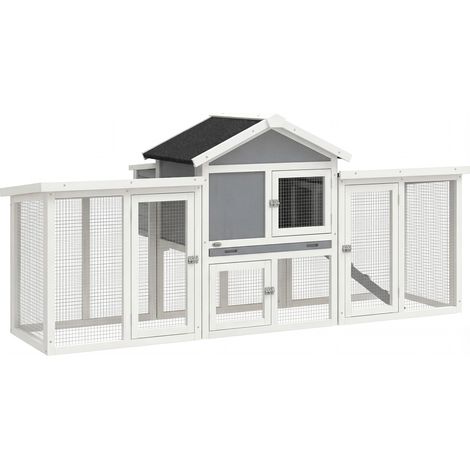 Poulailler chalet bois massif gris 204x85x93 cm avec rampes, nichoirs, plateau, équipement complet (1/5)