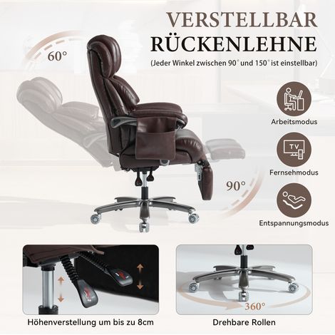 Fauteuil de bureau ergonomique XXL, siège directionnel confortable avec fonction massage et chauffage, similicuir PU, repose-pieds, pivotant, dossier réglable, charge max 150 kg, idéal pour travail et (1/5)