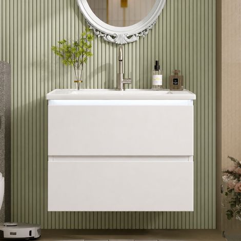 Lavabo mural 61×46×45 cm, finition laquée de haute qualité, avec éclairage LED à détecteur de mouvement, 2 tiroirs à fermeture silencieuse, vasque intégrée, design minimaliste, blanc (1/5)