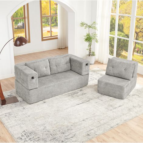 Divano letto convertibile senza montaggio, tessuto grigio chiaro, con tasche laterali OKWISH (1/5)