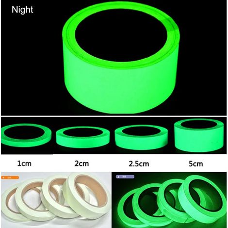 Ruban adhésif lumineux fluorescent, 2 rouleaux, imperméable, repositionnable, effet phosphorescent, idéal pour escaliers, décors, vélo, chambre – 5 cm x 5 m (1/5)