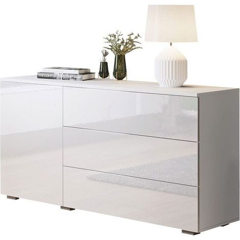 Commode Sarasota 128, Blanc + Blanc brillant, Avec tiroirs et portes, Nombre de tiroirs: 3, 68x111x39cm (1/5)