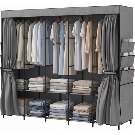 Armoire en tissu avec 5 tringles, 5 étagères, 6 poches latérales, fermeture éclair, structure en acier, 212 x 45 x 167 cm, grise (1/5)