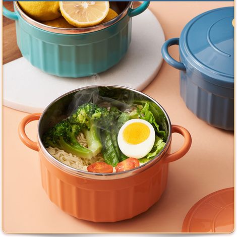 Bol à nouilles avec couvercle, bol à nouilles binaural, bol couvert pour la maison, la résidence étudiante ou tout autre logement, grand format, orange. (1/5)