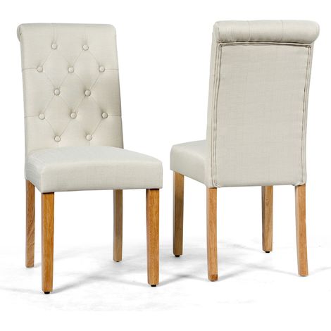 Lot de 2 Chaises de Salle à Manger, Capitonnées en Tissu avec Pieds en Bois de Caoutchouc, Éponge à Haute Densité, Dossier Confortable, Beige (1/5)