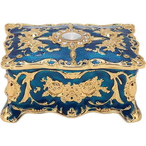 Königsblaue Strass-Schmuckschatulle, verziert mit Strasssteinen, im Retro-Stil, mit floraler Gravur, zur Aufbewahrung von Ringen, Ohrringen und Halsketten. (1/5)