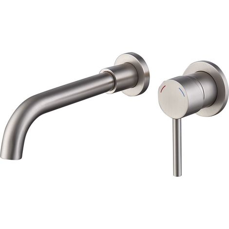Robinet mural pour lavabo ou baignoire, mitigeur monocommande, 2 trous, laiton, nickel brossé (1/5)