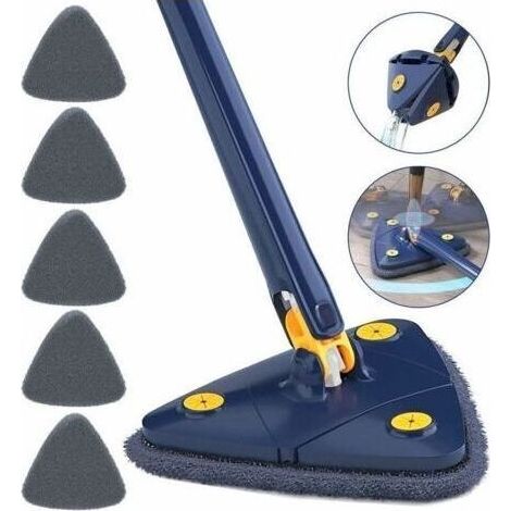 Serpillère triangulaire rotative à 360° avec 6 chiffons - Balai télescopique pour plancher de bois, fenêtres, mur, carrelage (bleu vadrouille) (1/4)