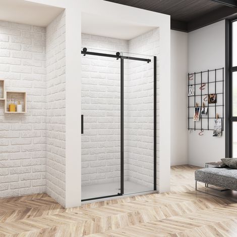Océan Porte de douche coulissante 140cm pour niche - Verre anticalcaire 8mm, hauteur 200cm, cadre noir (1/5)