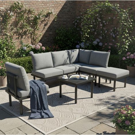 REDOM - Set salotto da giardino 6 pezzi, in corda, piedini regolabili, piano in vetro, fodere sfoderabili, olefina grigio (1/5)
