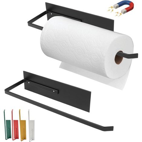 Soporte magnético para rollo de cocina de 2 piezas, Soporte para rollo, No requiere perforación, inodoro, despensa y caravana, 31 x 7,8 cm, Negro (1/5)