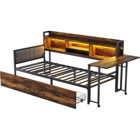 Lit multifonction 90 x 200 cm en métal couleur bois naturel avec LED, rangement et bureau (1/5)