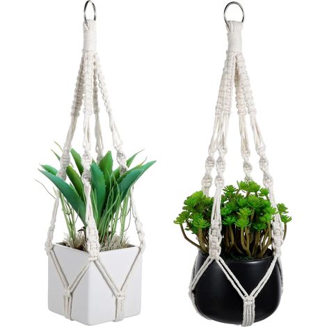 Lot de 2 suspensions en macramé avec corde en coton - Décoration bohème - Pour l'intérieur et l'extérieur - Plafonds - Balcons - Décoration murale - Beige (1/5)
