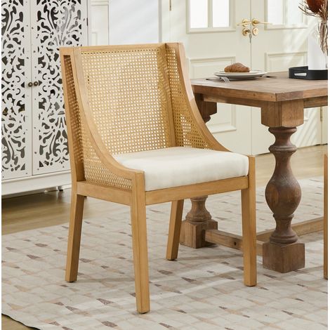 Sedia da pranzo in legno massello e rattan artificiale, braccioli decorativi, seduta in lino beige (1/5)